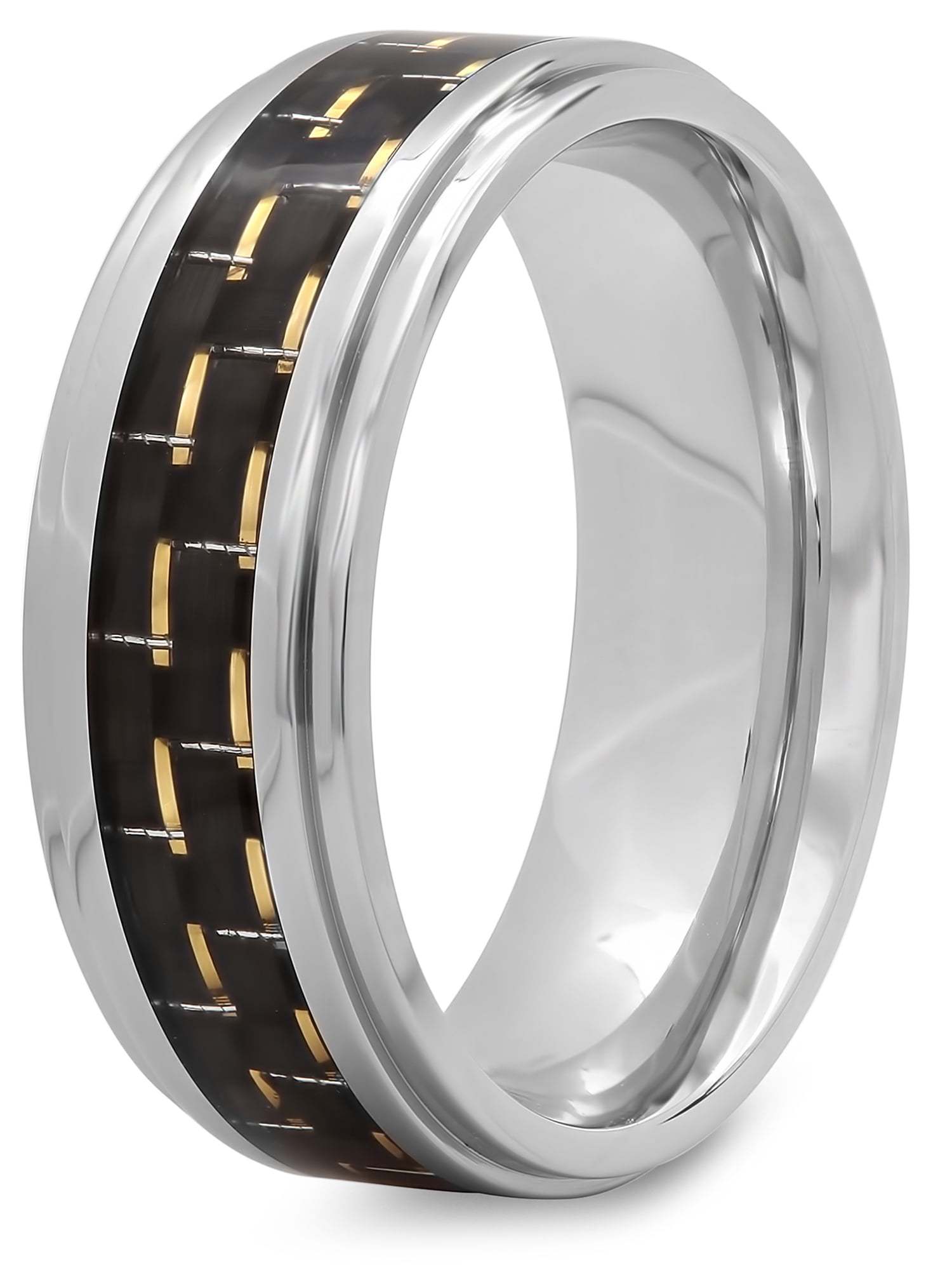 Men's Stainless Steel 8MM Black and Gold Carbon Fiber Wedding Band - Mens Ring
