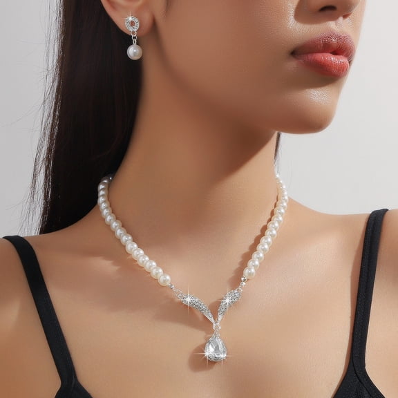 AEXTO Pearl Bride Wedding Jewelry Set Faux Pearls Crystal Rhinestone Necklace Earrings Bracelet Sets for Women Bridesmaid