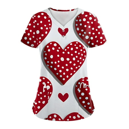 UoCefik Valentines Jogger Scrubs for Women Plus Size Heart Print Medical Nursing Uniforms Plus Size Funny Short Sleeve V-Neck Tees Holiday Scrub Shirt Tops with Pockets Wine 3XL