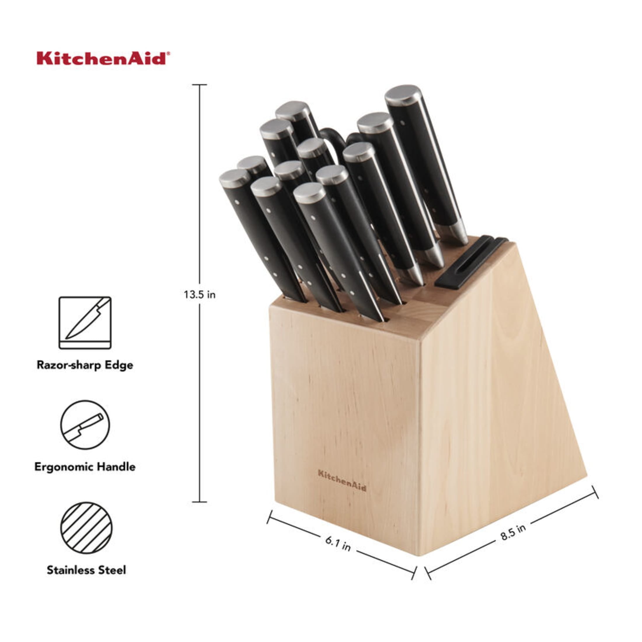 KitchenAid Gourmet 14-Piece Forged Knife Block Set with Sharpener, High-Carbon Steel, Black Birchwood
