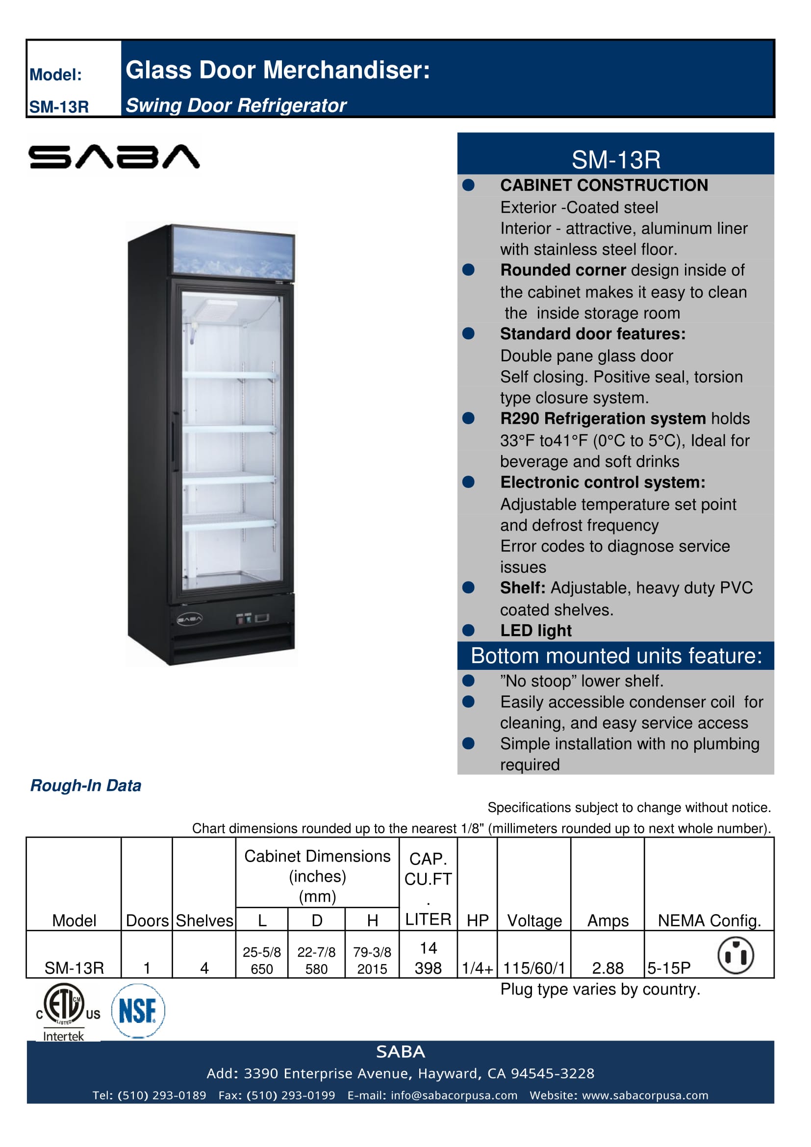 Heavy Duty Commercial 13 cu ft Glass (1 Door) Merchandiser Refrigerator with Swing Door