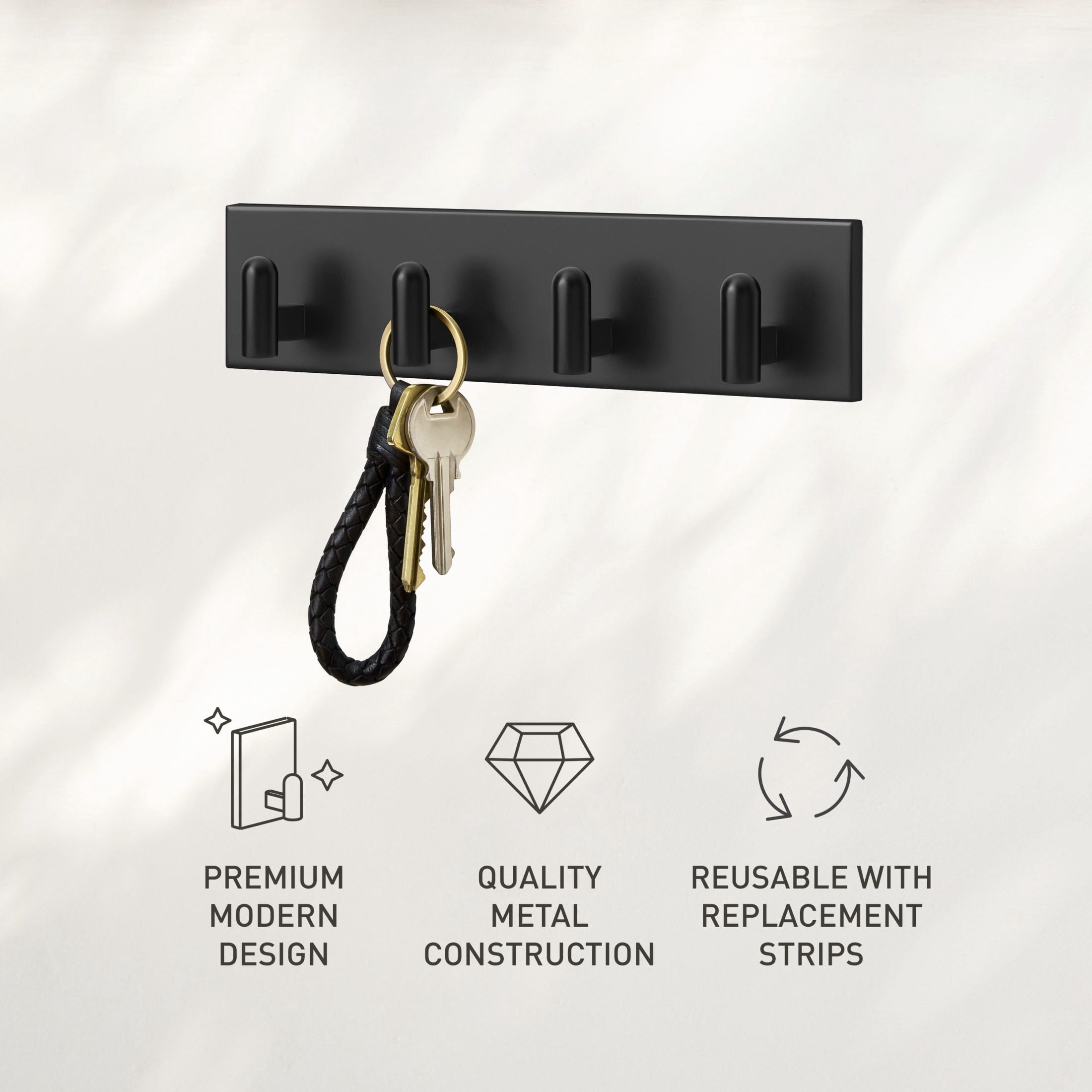 Command Decor Metal Key Rail, Matte Black, Strong Hold, 1 Hook Rail, 8 Small Adhesive Strips