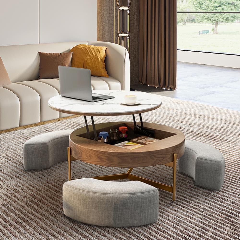 31.50" Lift Top Coffee Table with Storage and 3 Ottoman, Round Center