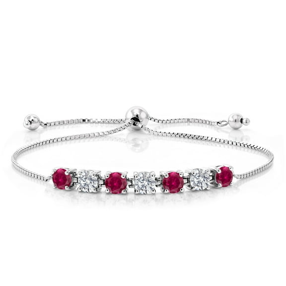 Gem Stone King 925 Sterling Silver Red Created Ruby and Lab Grown Diamond Bracelet for Women | 2.80 Cttw | Gemstone July Birthstone | Round 4.5MM
