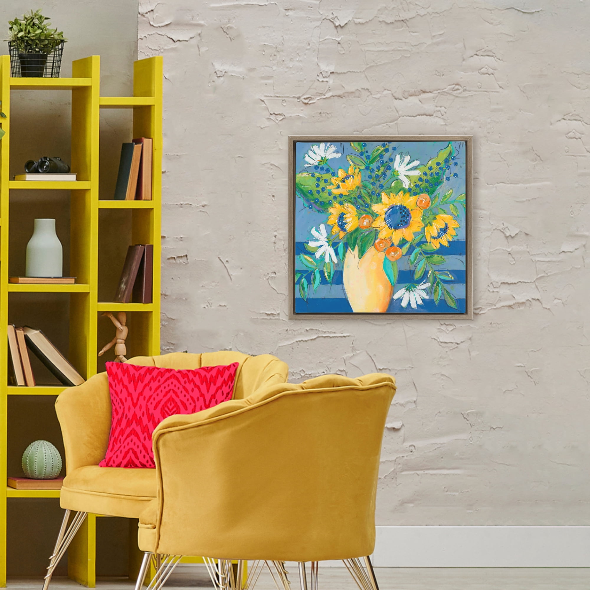Stupell Industries Floral Bursts Among The Blue Brown Framed Floater Canvas Wall Art, design by Krinlox