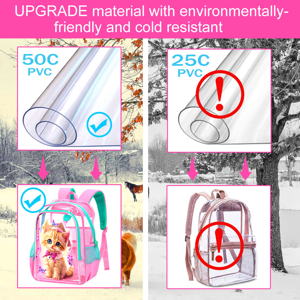 Mochila Transparente para Niña, Set de 3 Bookbags Claros, Bolso Escolar Transparente para Primaria y Preescolar - Doctor Gato Rosa 4