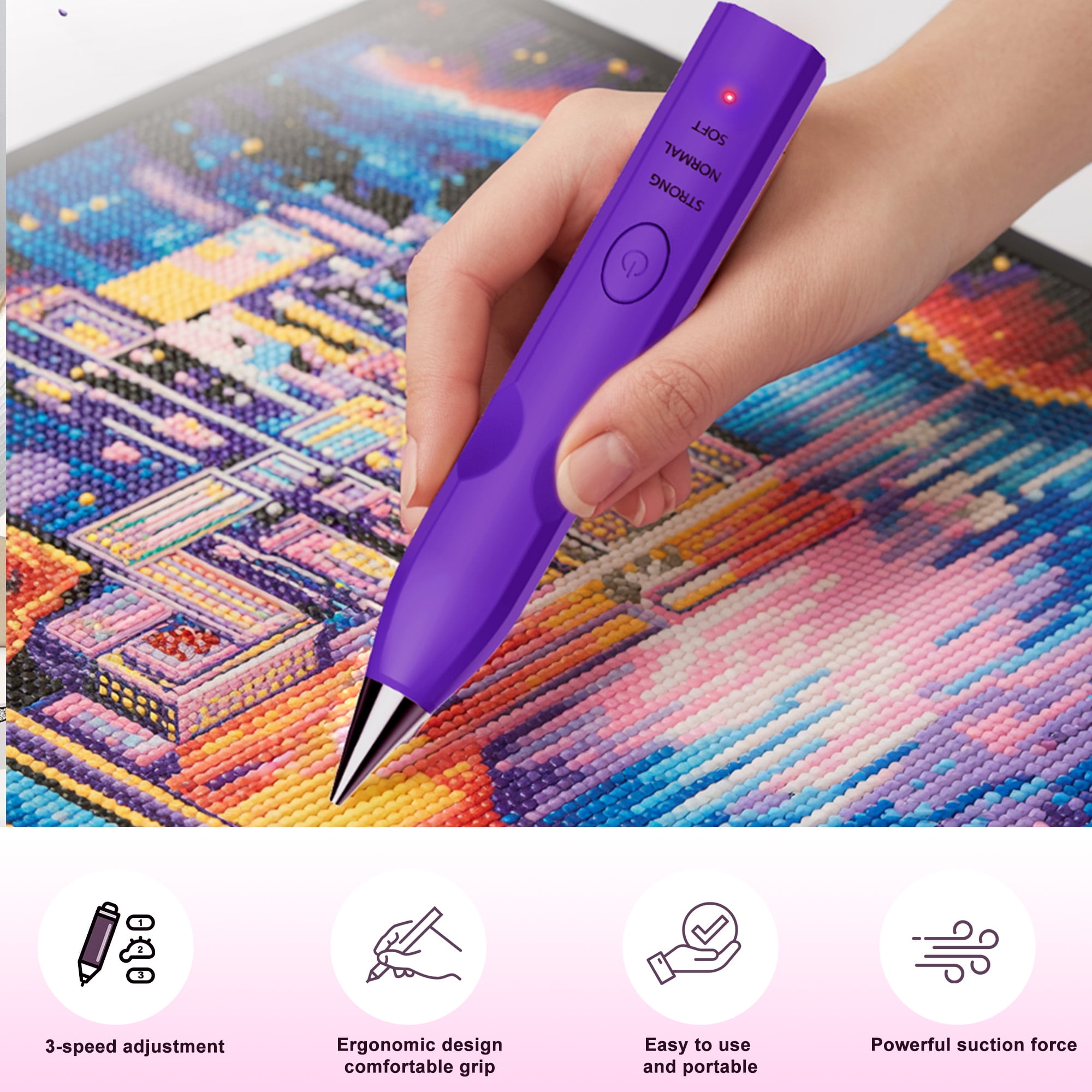 Diamond Painting Pen with Vacuum Pump, No Wax Needed, Lightweight Design, 3 Adjustable Suction Mode & Rechargeable, DIY Diamond Art Accessories and Tools(Purple)