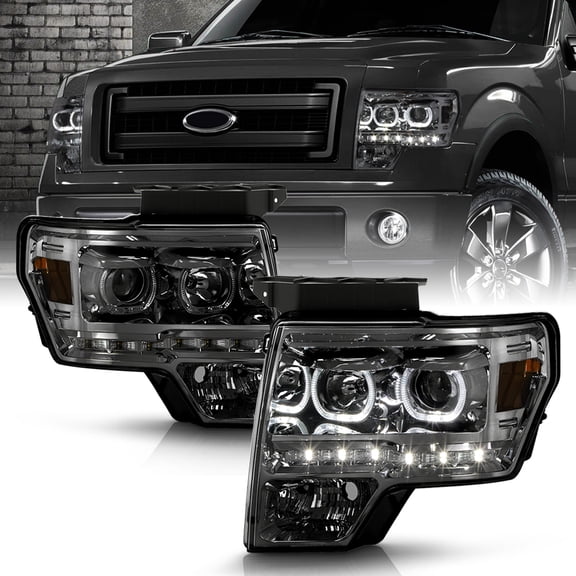 Smoke 2009-2014 Ford F150 SMD LED Halo Projector Headlights Headlamps Left Right