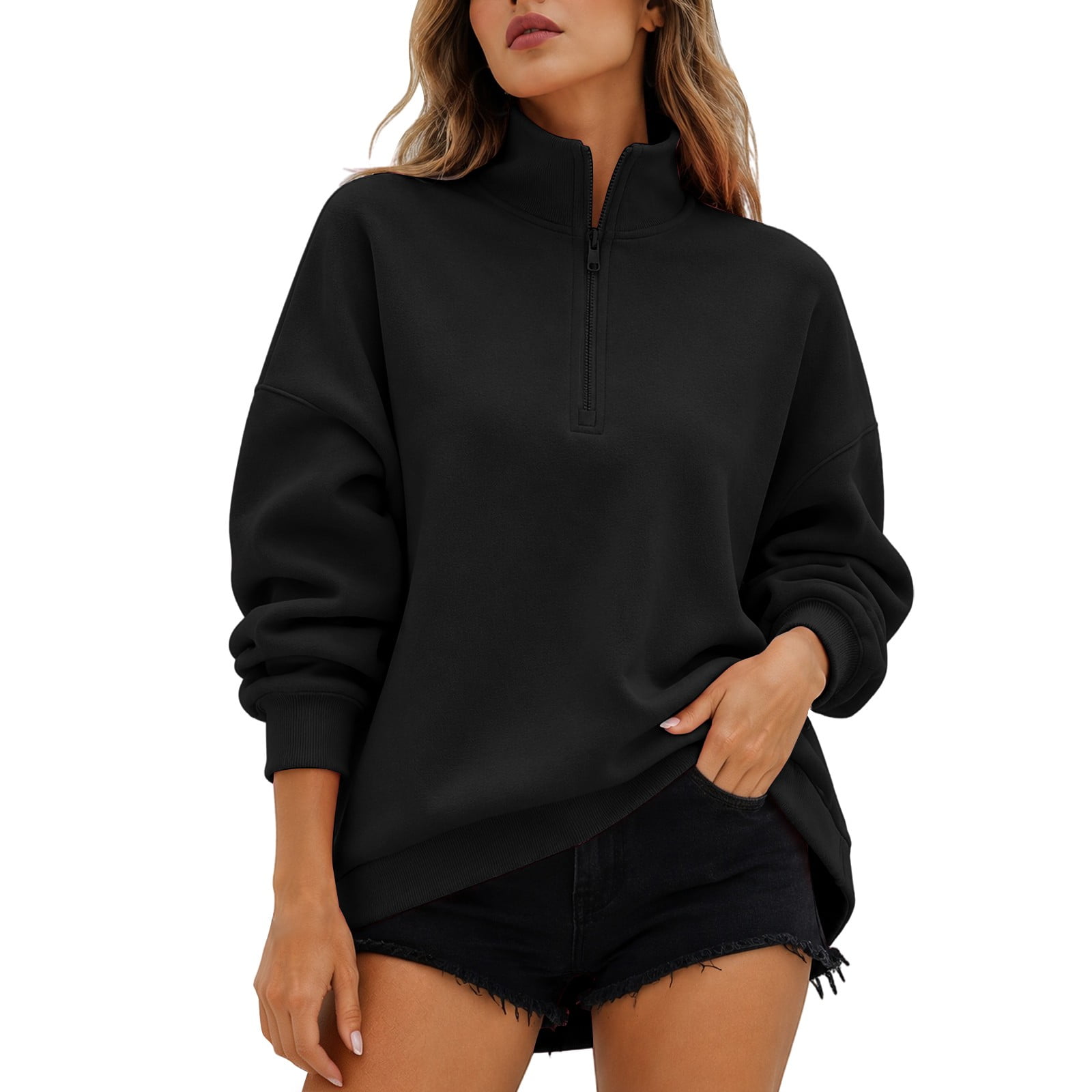 Sweaters for Women Trendy Zip Up No Hood Quarter Zip Oversized Long Sleeve Casual Comfy Outfits Fashion Outfits Clothes L