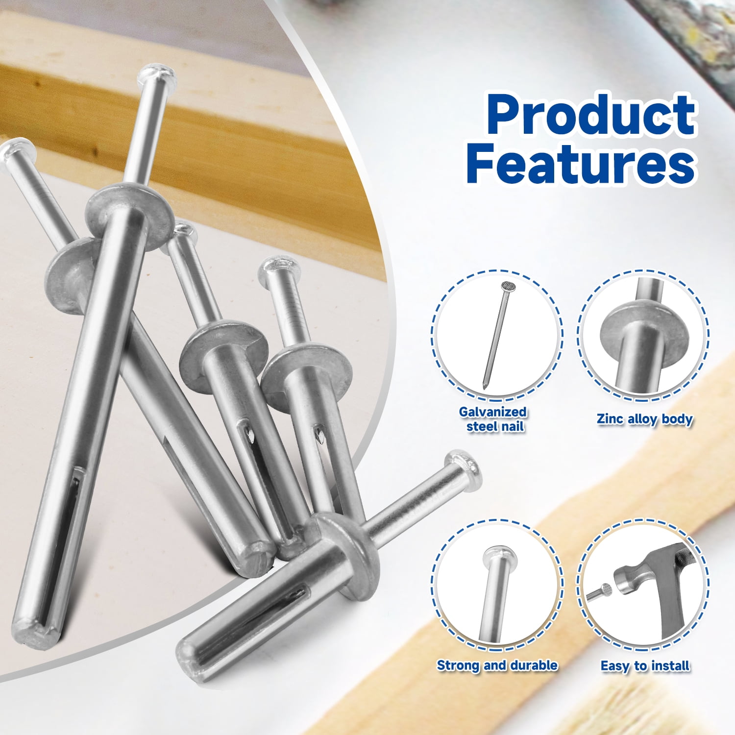 meite 1/4" Diameter Hammer Drive Anchors with Galvanized Steel Nails Set - 4" Length Expansion Nails for Concrete Walls