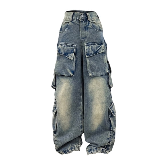 Ruyang Girls Baggy Cargo Jeans Teens Wide Leg Elastic High Waist Jeans Cute Trendy Multi Pockets Denim Pants Kids Y2K Trousers
