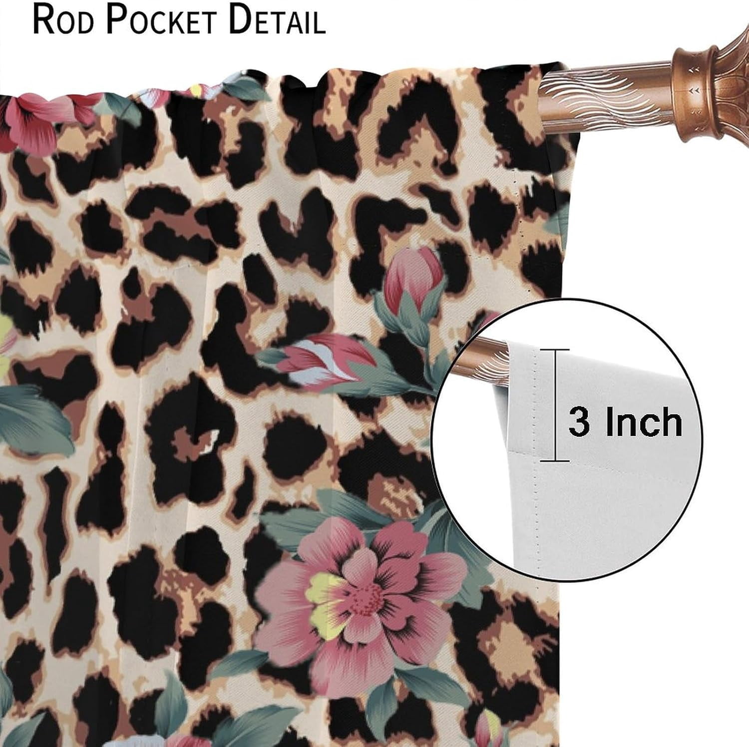 Leopard Print Curtains Pink Flowers Green Leaves Leopard Blackout Print Rod Pocket Window Drapes for Bedroom Living Room 42x54in