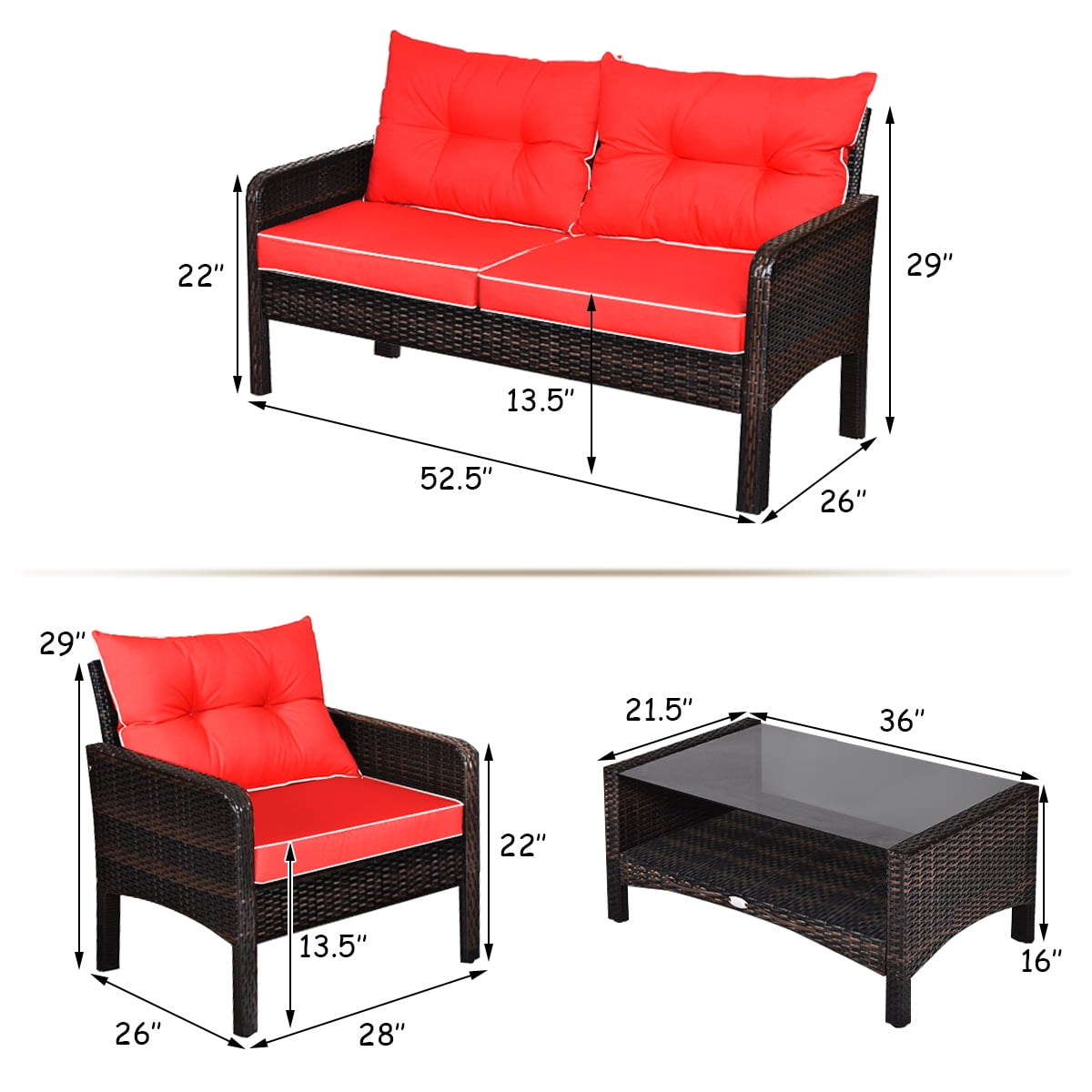 Costway 4PCS Patio Rattan Furniture Set Loveseat Sofa Coffee Table Garden W/Red Cushion