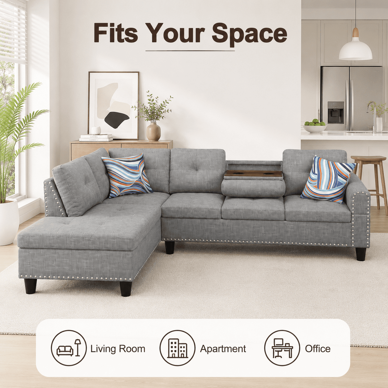 Momspeace 3 Piece Sectional Sofa with Cup Holder, 98" Linen L-Shaped Sofa for Living Room, Gray