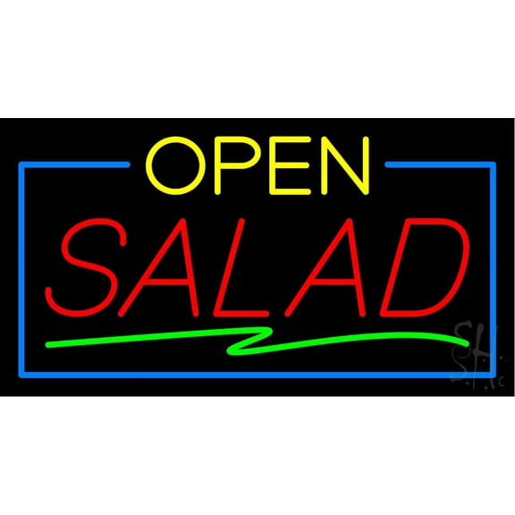 Open Double Stroke Salad LED Neon Sign 20 x 37 - inches, Black Square Cut Acrylic Backing, with Dimmer - Bright and Premium built indoor LED Neon Sign for restaurant window and interior decor.