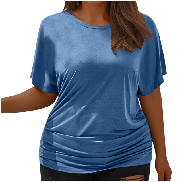 Timegard Womens Tops Plus Size Side Ruched Drop Shoulder Crewneck Short Sleeve Workout Top Comfy Casual