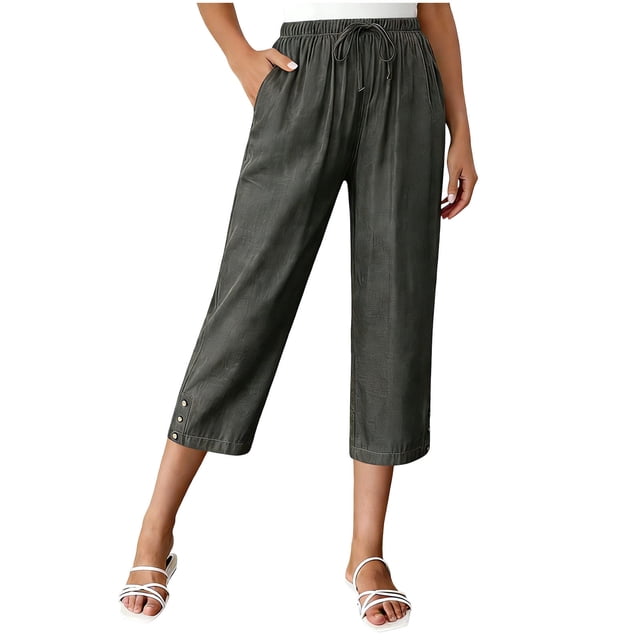 Pantalones de Cintura Elásticos de Pierna Ancha para Mujeres Trabajo Casual Pata Ancha Recortada Viaje Senderismo con Bolsillos Pantalon