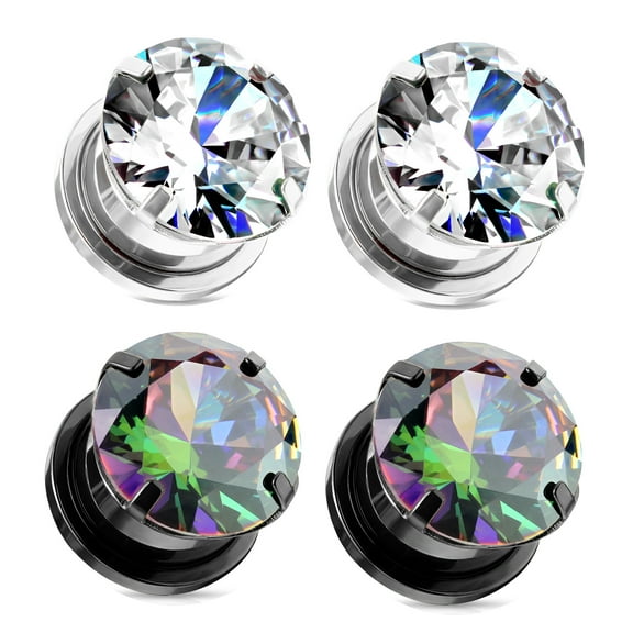 2 Pairs Screw Fit CZ Cubic Zirconia Gem Plugs Black Plated Steel Rainbow gauges - size=1/2" 12mm
