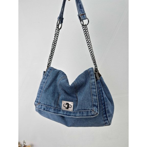 Sunyuer Women Vintage Washed Denim Shoulder Bag, Flap Turn Lock Denim Tote Handbag, Chain & Denim Dual Strap Casual Crossbody Purse for Daily Travel