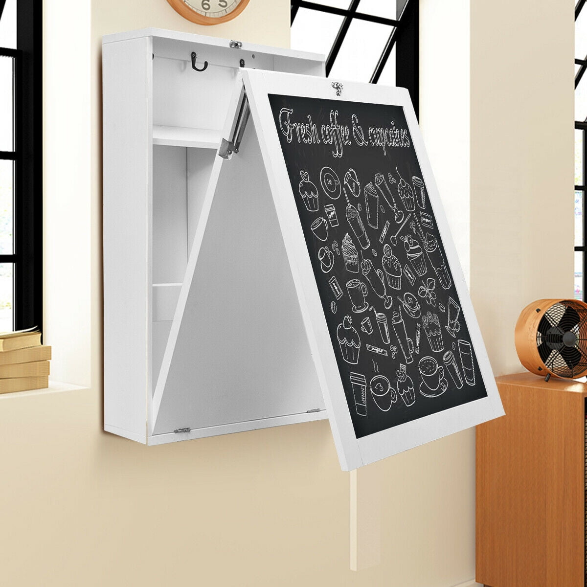 Gymax White Wall Mounted Table Fold Out Convertible Desk with A Blackboard/Chalkboard