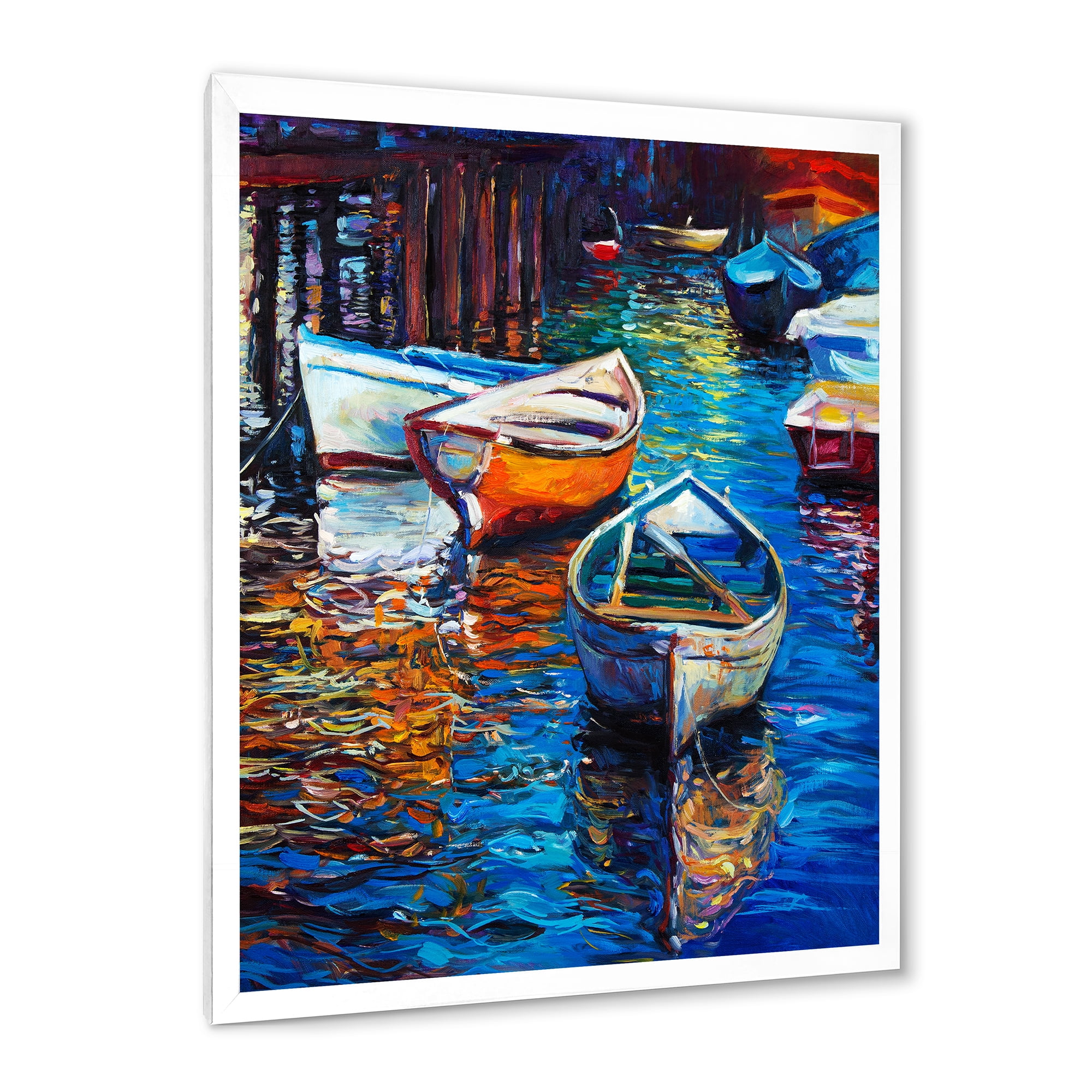 Boats During Warm Sunset Resting On The Water X 20 in x 20 in Framed Painting Canvas Art Print, by Designart