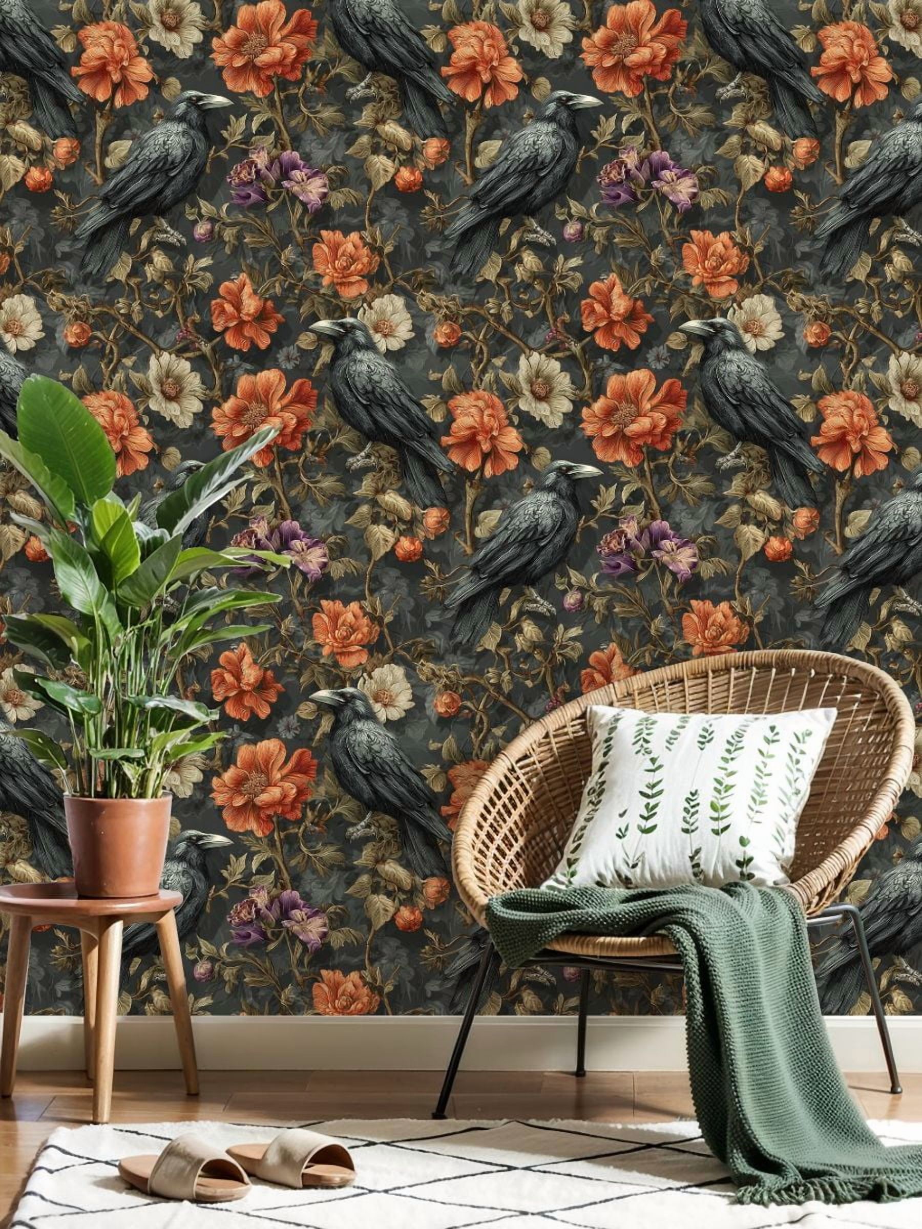Peel and Stick Wallpaper Raven Birds Among Floral Blossom Vintage Botanical Style Wall Mural 17.7in x 9.8ft Self Adhesive Removable Wall Paper Renter Friendly Wallpaper for Nursery Bedroom Cabinets