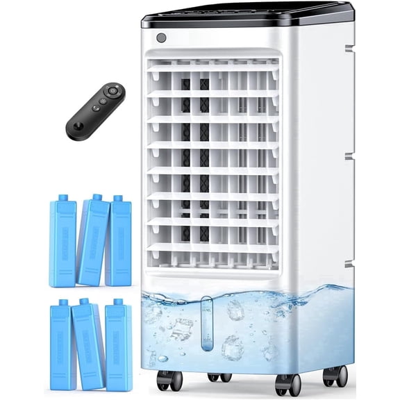 Evaporative Air Cooler, 6Ice Packs, 4Modes&3Speeds, 600Sq.ft Swamp Cooler, Dual Tank for 15H Cooling, 12H Timer, 26Ft Remote, 65°Swing Windowless Portable Air Conditioner for Bedroom Indoor