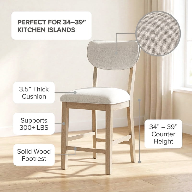 COLAMY Set of 4 Counter Height Bar Stools, Solid Wood Upholstered Barstools with Backrest, Modern Farmhouse Fabric Kitchen Island Stools，Natural