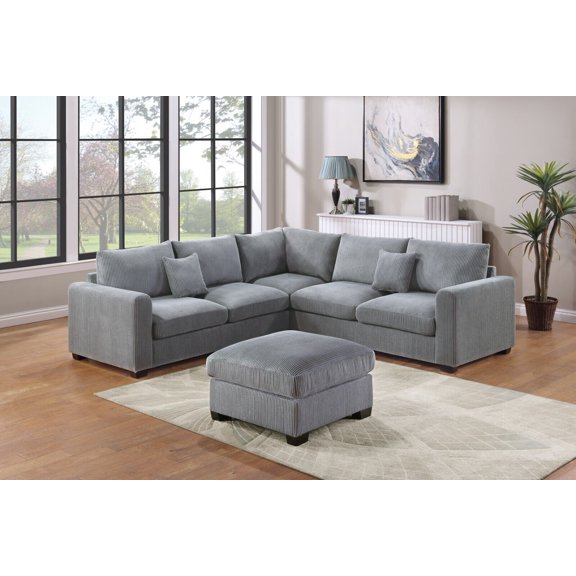 Modular 4pcs Sectional Set Fog Corduroy Upholstered LAF / RAF Loveseats Wedge Ottoman Living Room