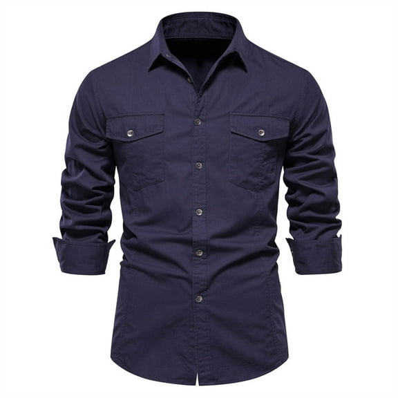 Xysaqa Men's Regular-Fitted Long Sleeve Cotton Shirt Two Pocket Work Outdoor T Shirts with Button Up