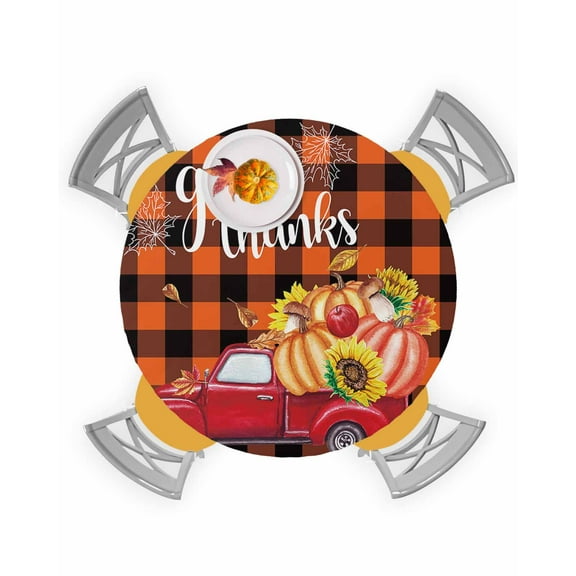 Fitted Round Tablecloths Table Covers 55-60in,Thanksgiving Red Farm Car Pumpkin Mushroom Waterproof Elastic Edged Table Cloth for Kitchen Dining Holiday Party Tables Decor,Buffalo Plaid