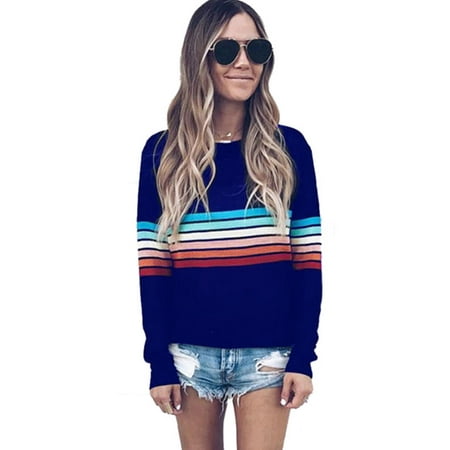 Womens Long Sleeve Striped Knitted Pullover Sweater Casual Knitwear Jumper Tops