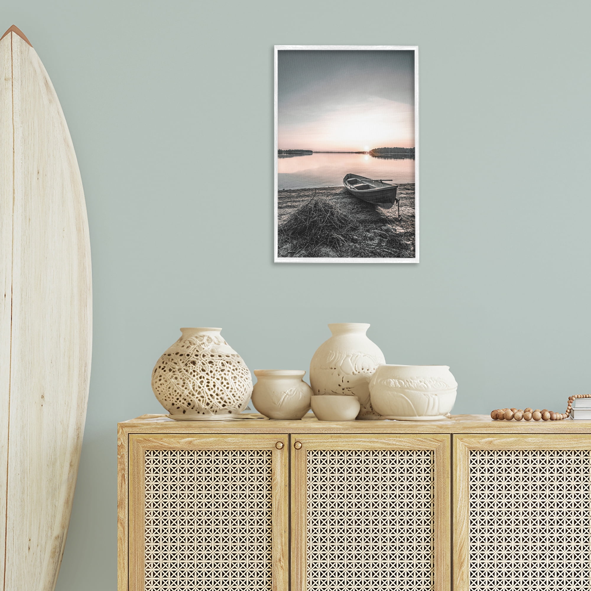 Stupell Industries Deserted Canoe on Shore Landscape Photography White Framed Art Print Wall Art, 16 x 24