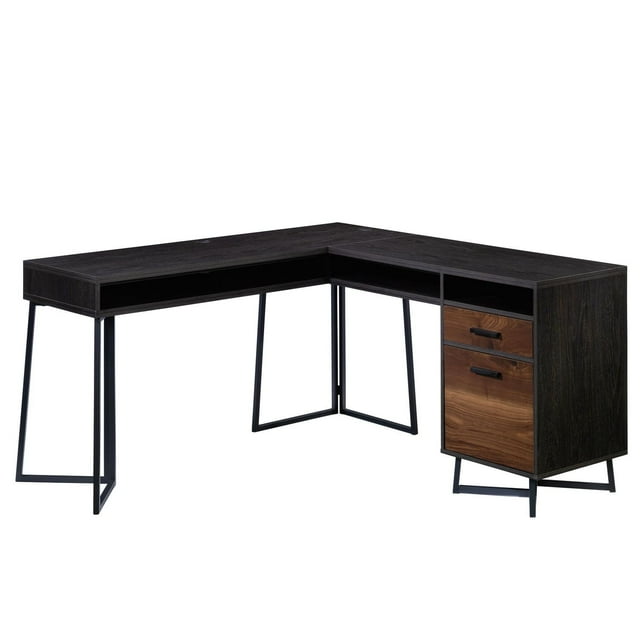 Sauder Canton Lane L-Desk in Brew Oak finish with black metal legs, featuring an L-shape design and two wooden drawers for storage.