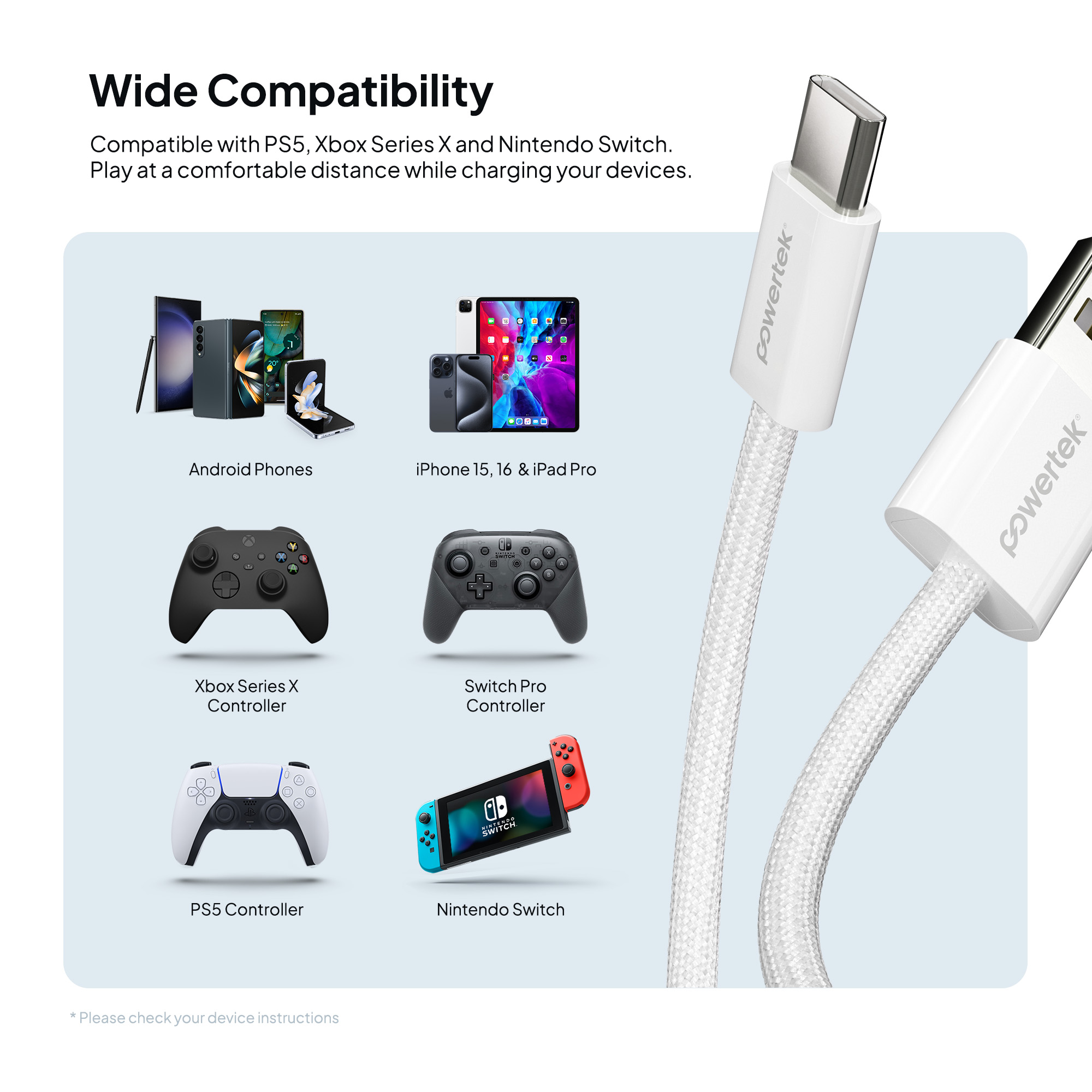 Liquipel Powertek Pastel Braided USB-A to USB-C - White