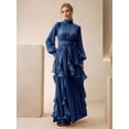 thumbnail image 5 of Womens Blue Long Sleeve High Neck Maxi Dress Ruched Waist Flowy Ruffle Hem, 5 of 6