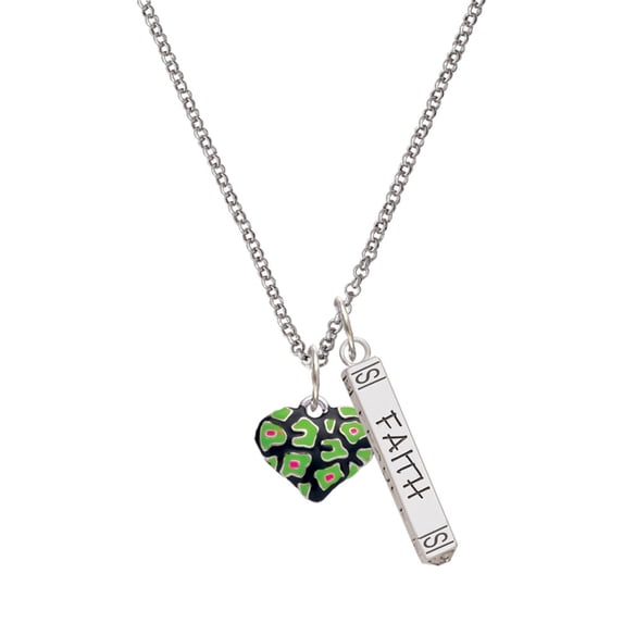 Delight Jewelry Silvertone Lime Green Cheetah Print Heart Silvertone Believe Faith Prayer Hope Bar Charm Necklace, 23"