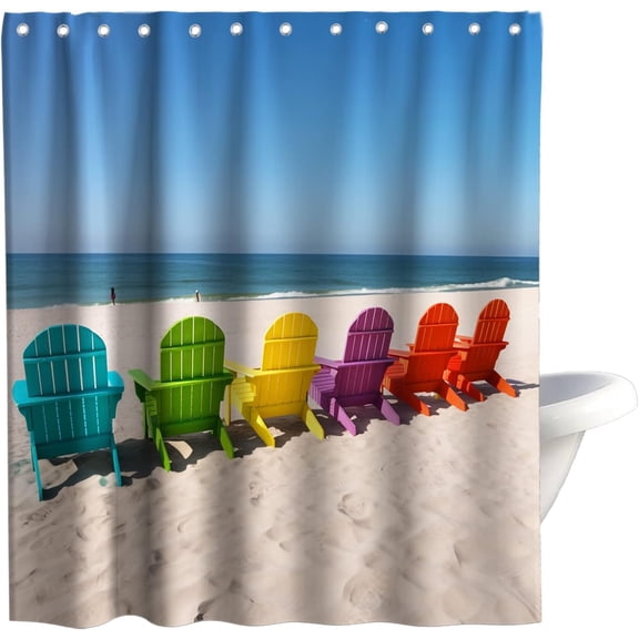 Beach Shower Curtain Ocean Chair Nautical Tropical Funny Kids Fabric Bathroom Decor Sets with Hooks Waterproof Washable 72W x 72H Blue Green Yellow