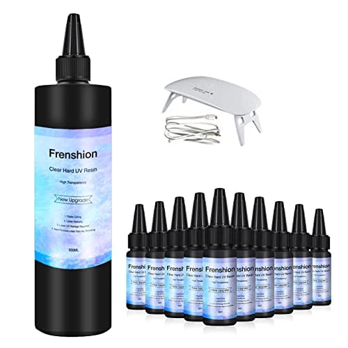 Lampe Incluse - Résine UV 500 g + 10 Pcs, Mise à Niveau 30 ml, Polymérisation Rapide en une Minute! Résine Époxy Claire Cristal de Type Dur, Colle UV Polymérisation Ultraviolette, Résine Activée par la Lumière du Soleil à Polymérisation Solaire, Colle Adhésive Claire