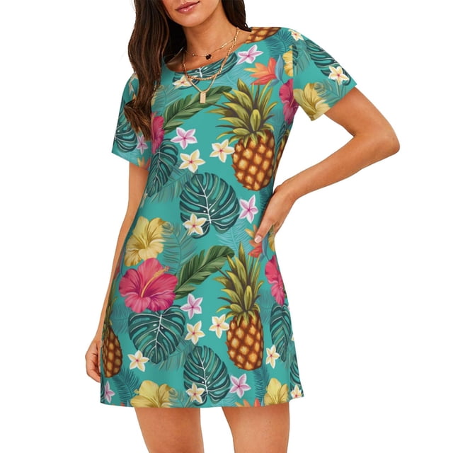 Disketp Pineapple para Camisón Corto de Manga Corta para Mujeres, Camisón Cómodo con Escote Redondo, Bonito y Confortable