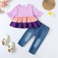 thumbnail image 2 of Kucnuzki 3T Toddler Girl Summer Outfits Pants Sets 4T Short Sleeve Color-Blocked Ruffles Peplum Tops Elastic Ripped Denim Pants 2PCS Set Yellow, 2 of 8