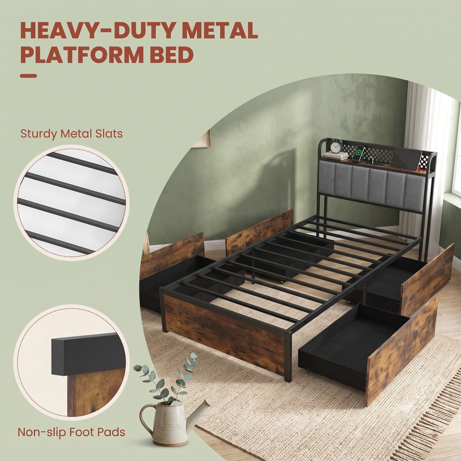 Furnibear Twin Bed Frame with Storage and LED Lights, Upholstered Platform Bed Frame with Headboard and 4 Drawers, Rustic Brown