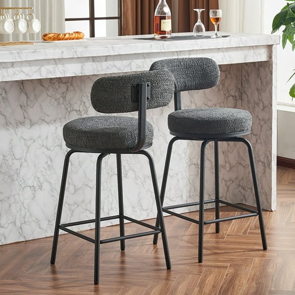 360° Swivel Dark Grey Upholstered Counter Height Chairs with Metal Legs & Footrest, Set of 2 for Kitchen Island & Dining Room