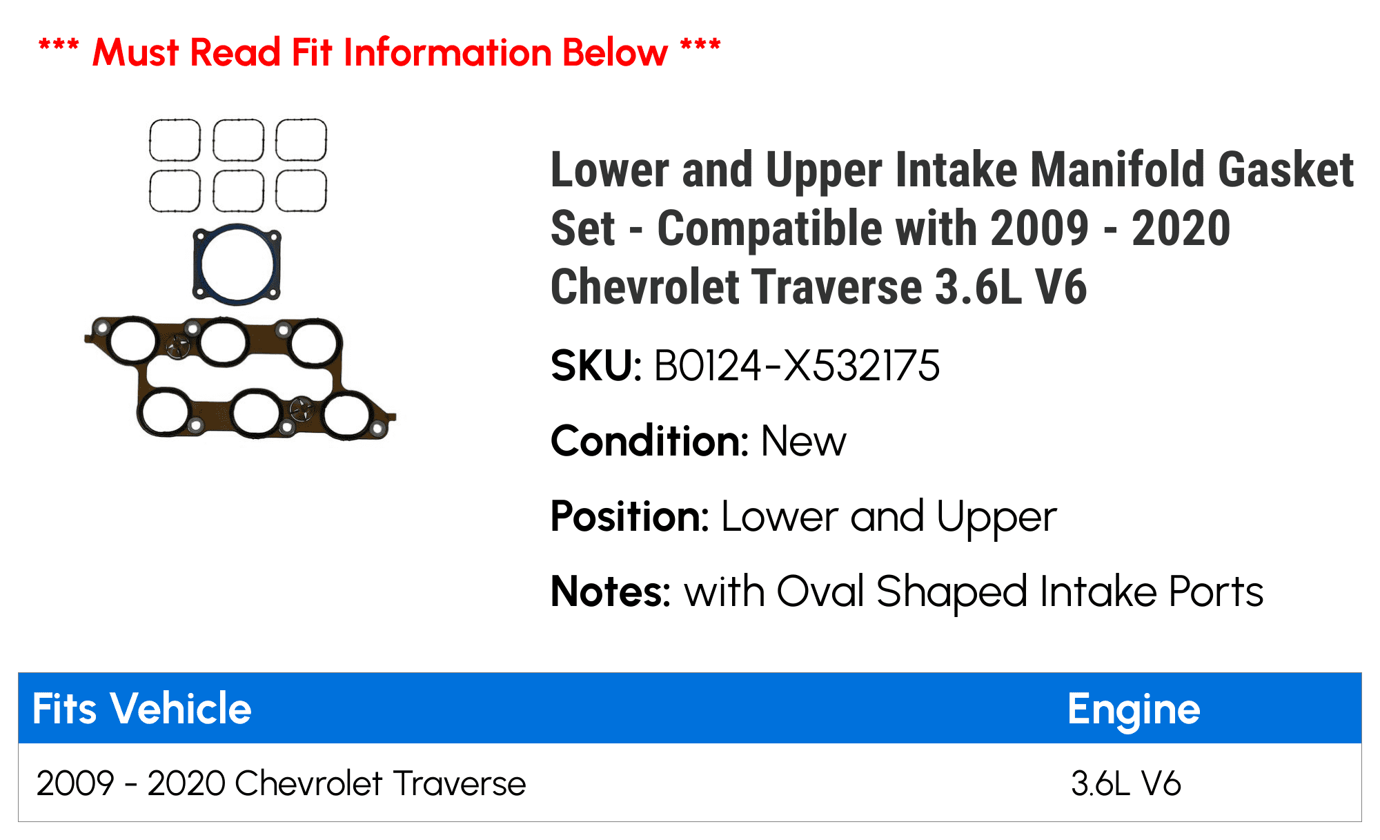 Lower and Upper Intake Manifold Gasket Set - Compatible with 2009 - 2020 Chevy Traverse 3.6L V6 2010 2011 2012 2013 2014 2015 2016 2017 2018 2019