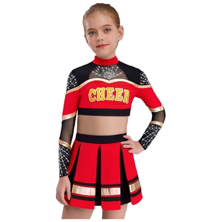 SiiRoh Girls Cheer Leader Outfits 2 Piece Long Sleeve Crop Top Pleated Skirt High School Cheerleading Uniform Set Red 12
