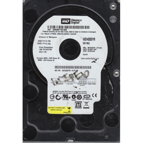 WD4000YR-01PLB0, DCM HCHCAJAA, Western Digital 400GB SATA 3.5 Hard Drive