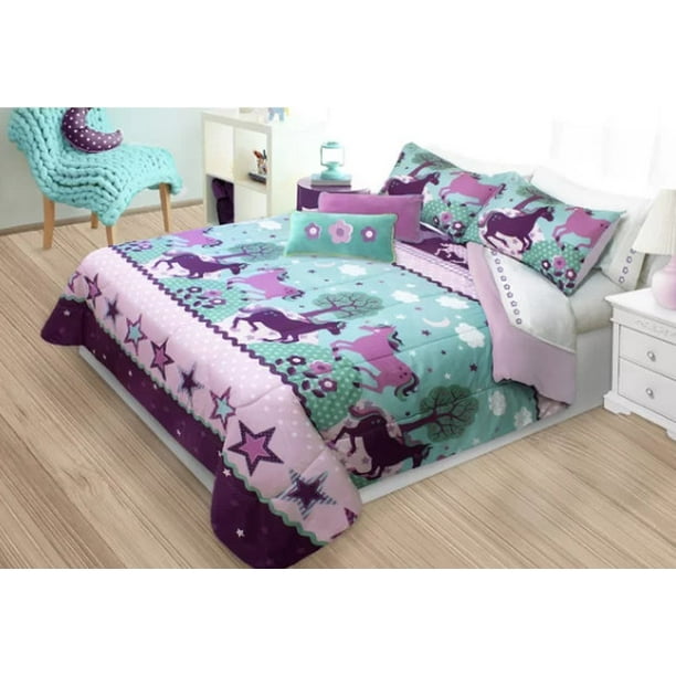 Horses Girls Twin Comforter Sham Set, Purple Twin Bed Comforter