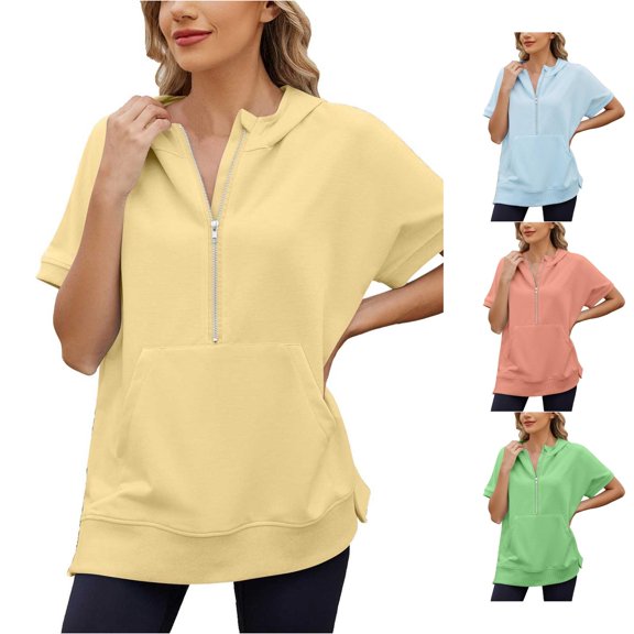 CUSTG Sweatshirts Women Loose Short Sleeved Zipper Pocket Short Sleeved Hoodie Shirt Tops Solid Color Oversized Fashionable Daily Wear
