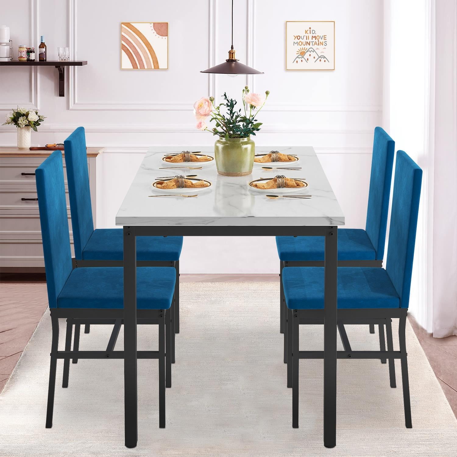 5 Piece Kitchen Dining Table and Chair Set, Dining Room Table Set with Faux Marble Table Velvet Padded Chairs, Rectangle Dining Table Set for 4, Dinette Set for Kitchen Dining Room Small Space