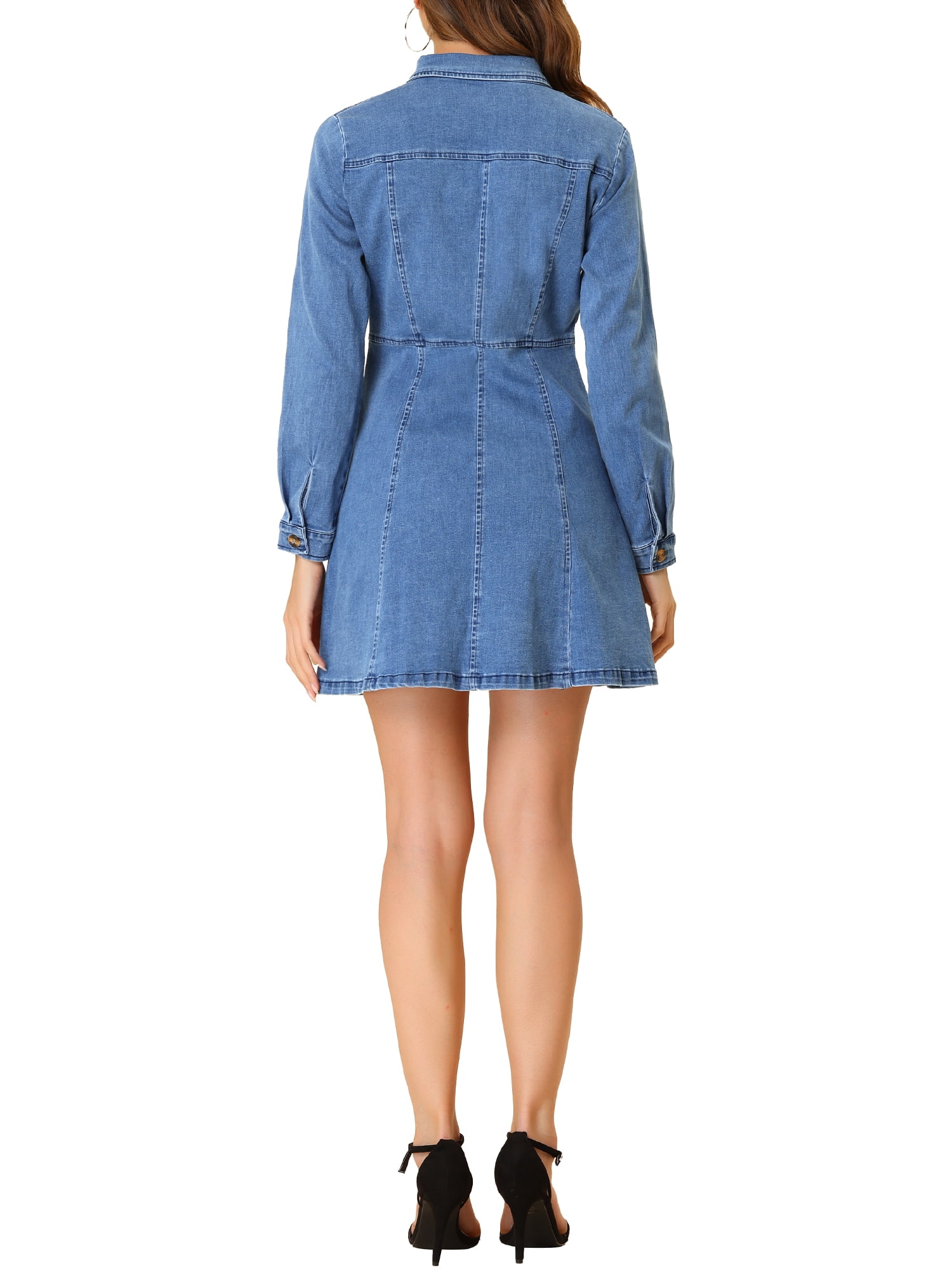 DARING DIVA Button Down Collar V-Neck Roll Up Sleeves Denim Shirt Dress M Light Blue
